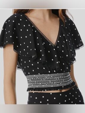 Alice + Olivia Women's Black White Reese Dot Print Surplice Crop Top